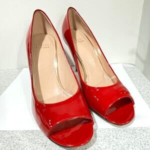 Stuart Weitzman 9.5M dressy shoes red patent open toe high stiletto heel pumps